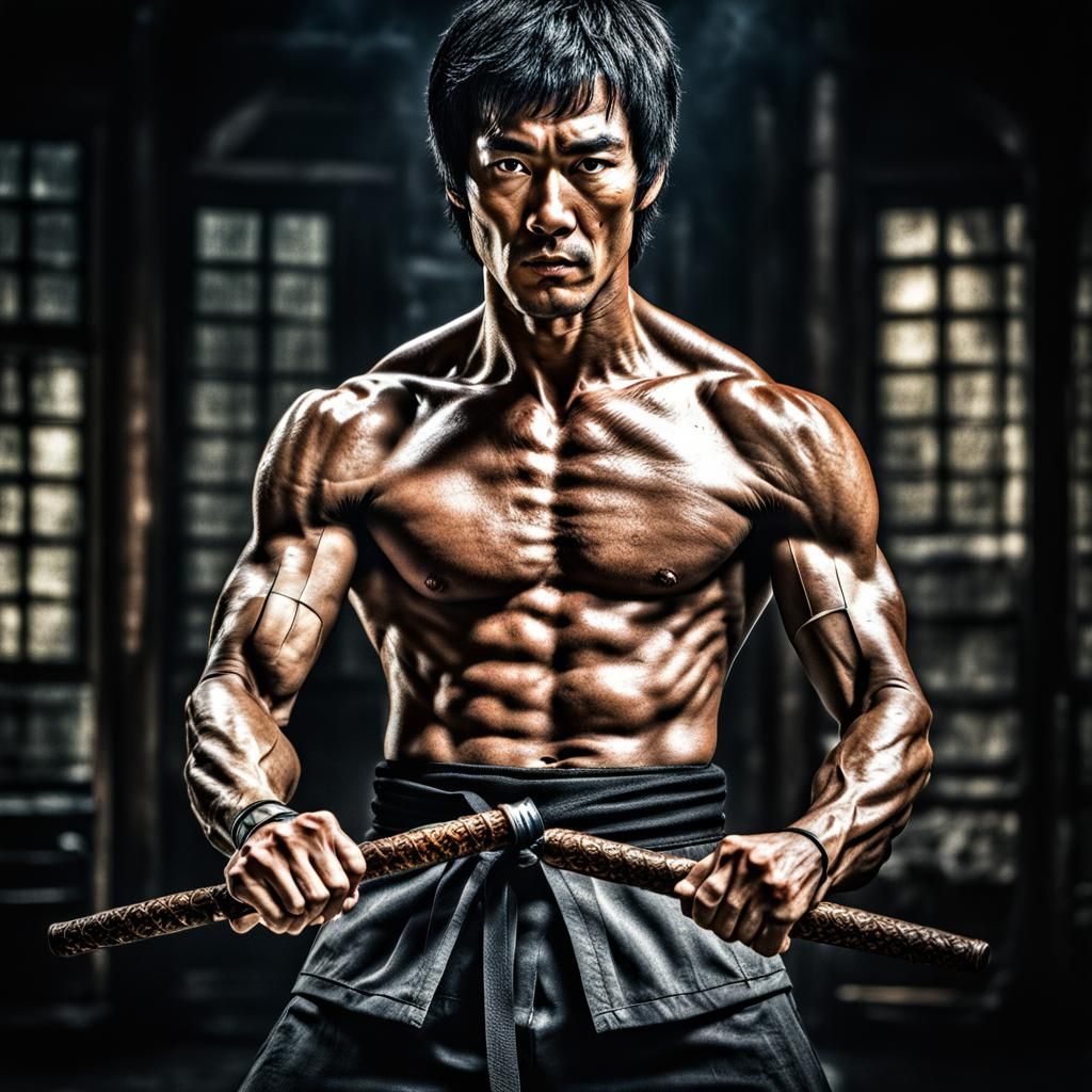 Bruce Lee with Hyperrealistic Nunchaku