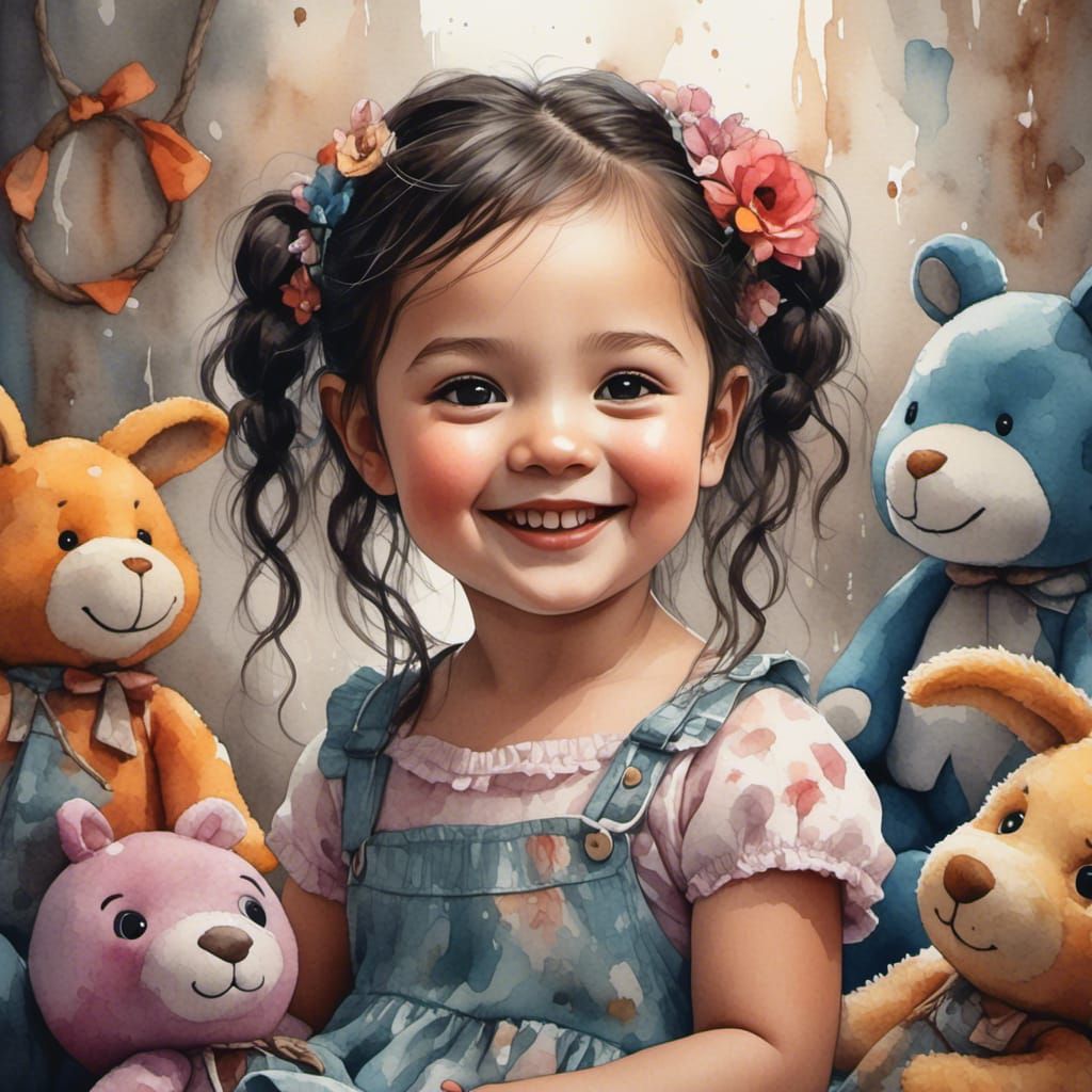 Watercolor Fantasy Portrait of a Dark-Haired Girl with a Dol...