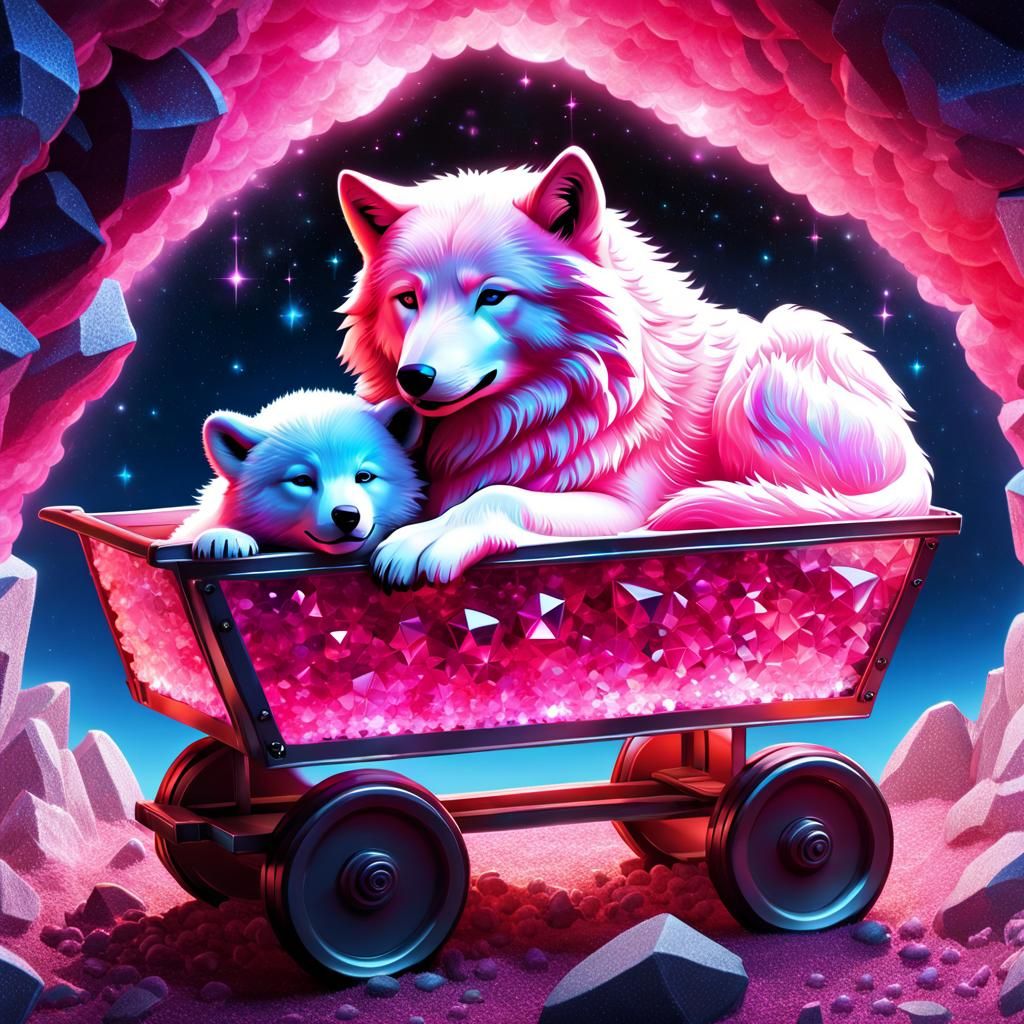 Crystal Wolf and Chibi Bear Cub in Vibrant Rainbow Mine Cart