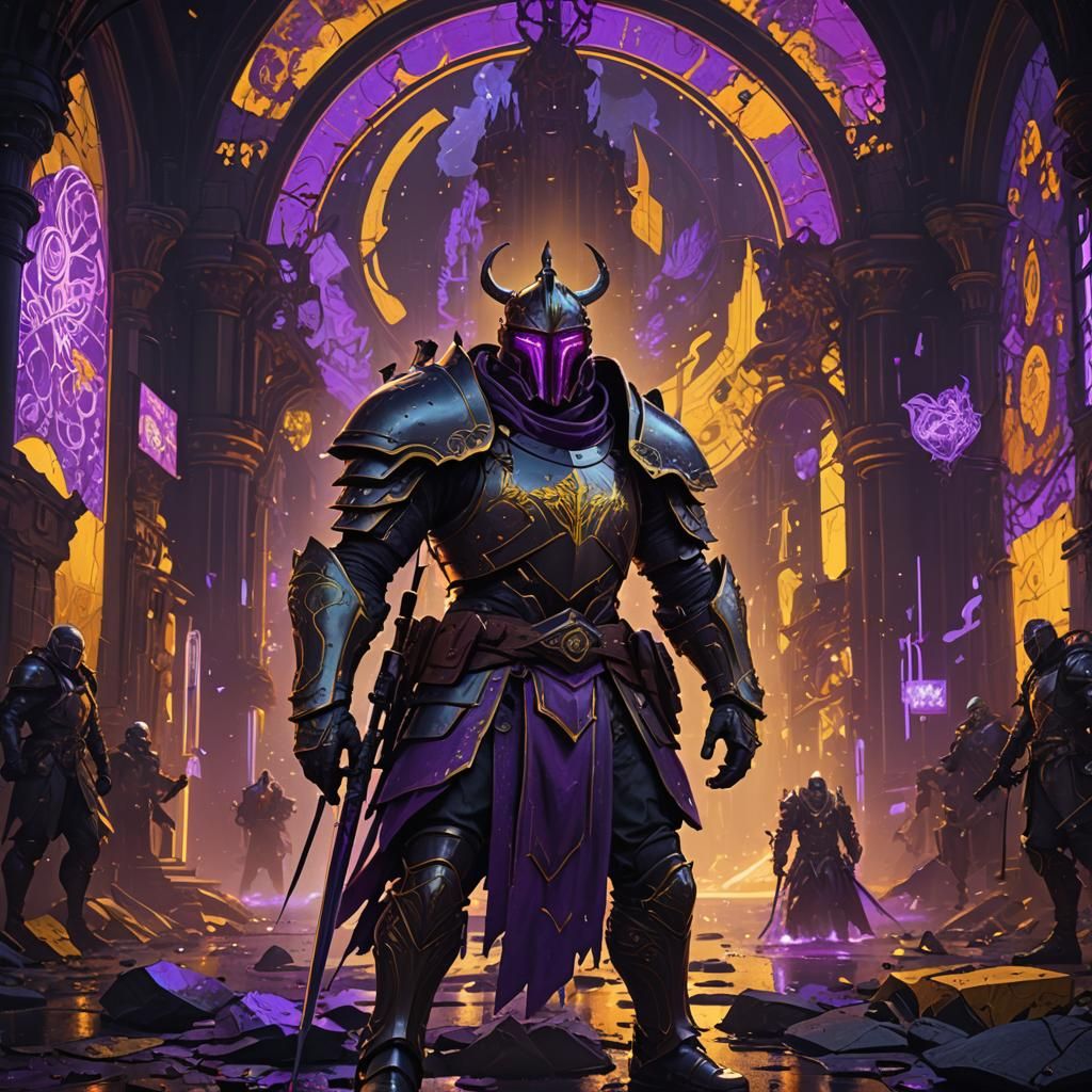 Dark Fantasy Neon Knights in Vibrant Purple and Yellow