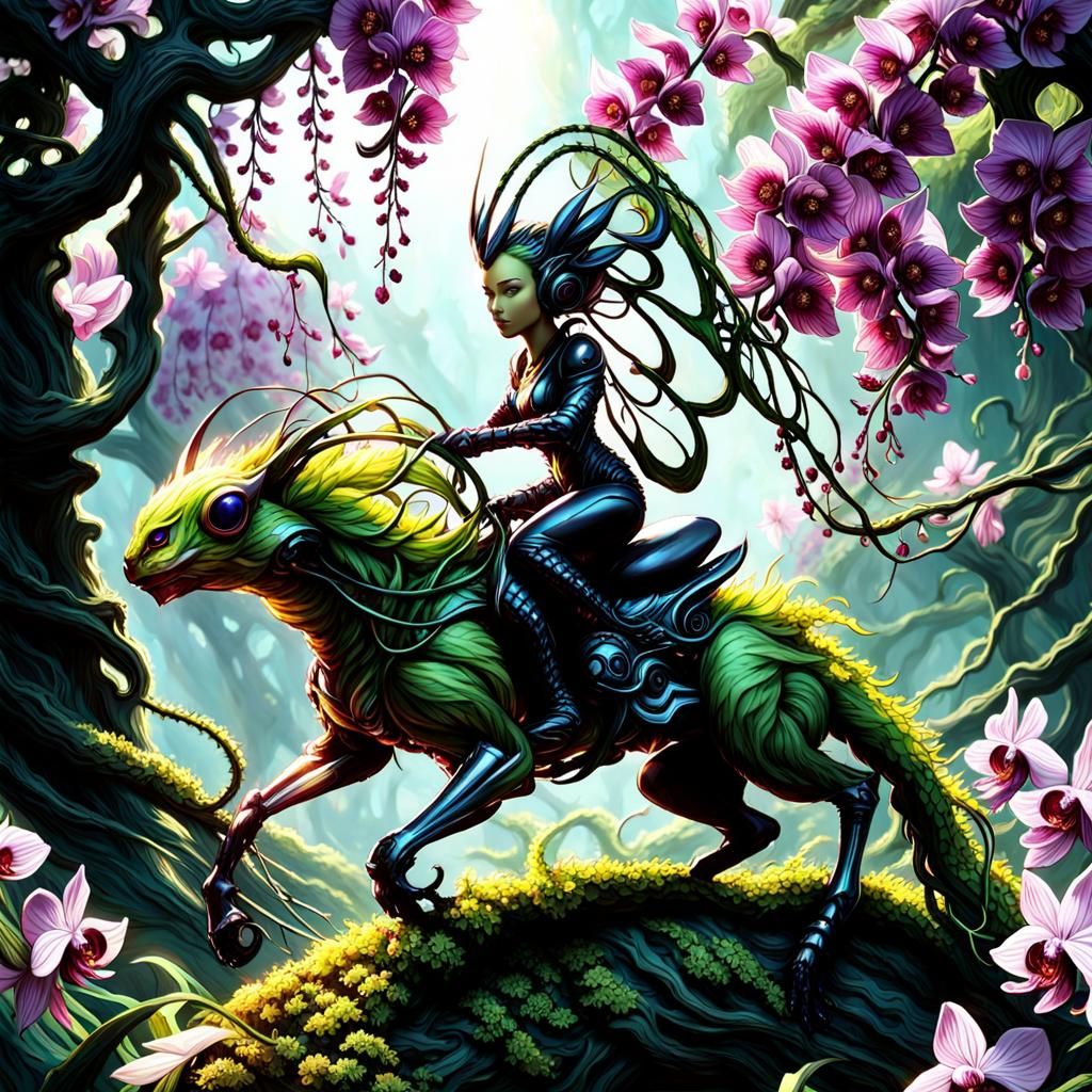 Gentle Enchanted Forest Rider in a Photorealistic Galaxy