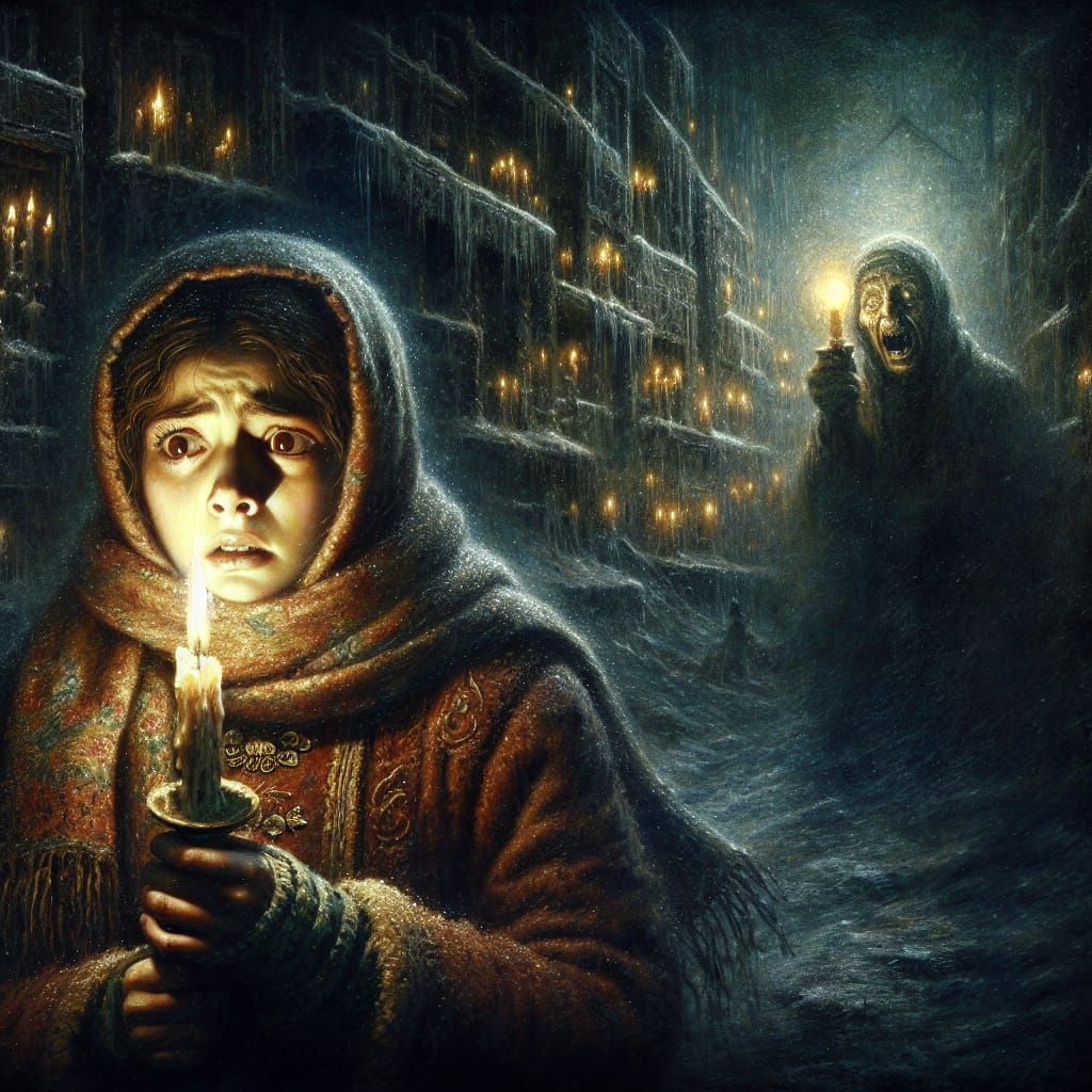 A Haunting Oil Painting of a Fear-Stricken Girl in Winter Da...