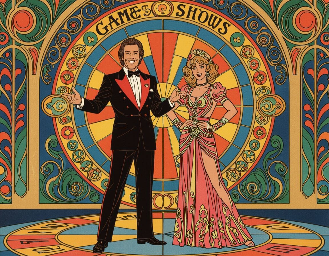 1980s Game Show Hosts in Ornate Art Nouveau Style