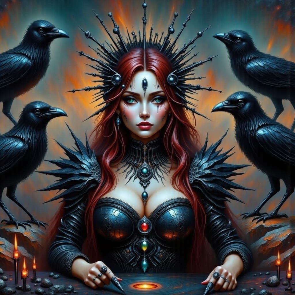 Cyberpunk Witch Portrait with Gothic Jewelry and Wildfire