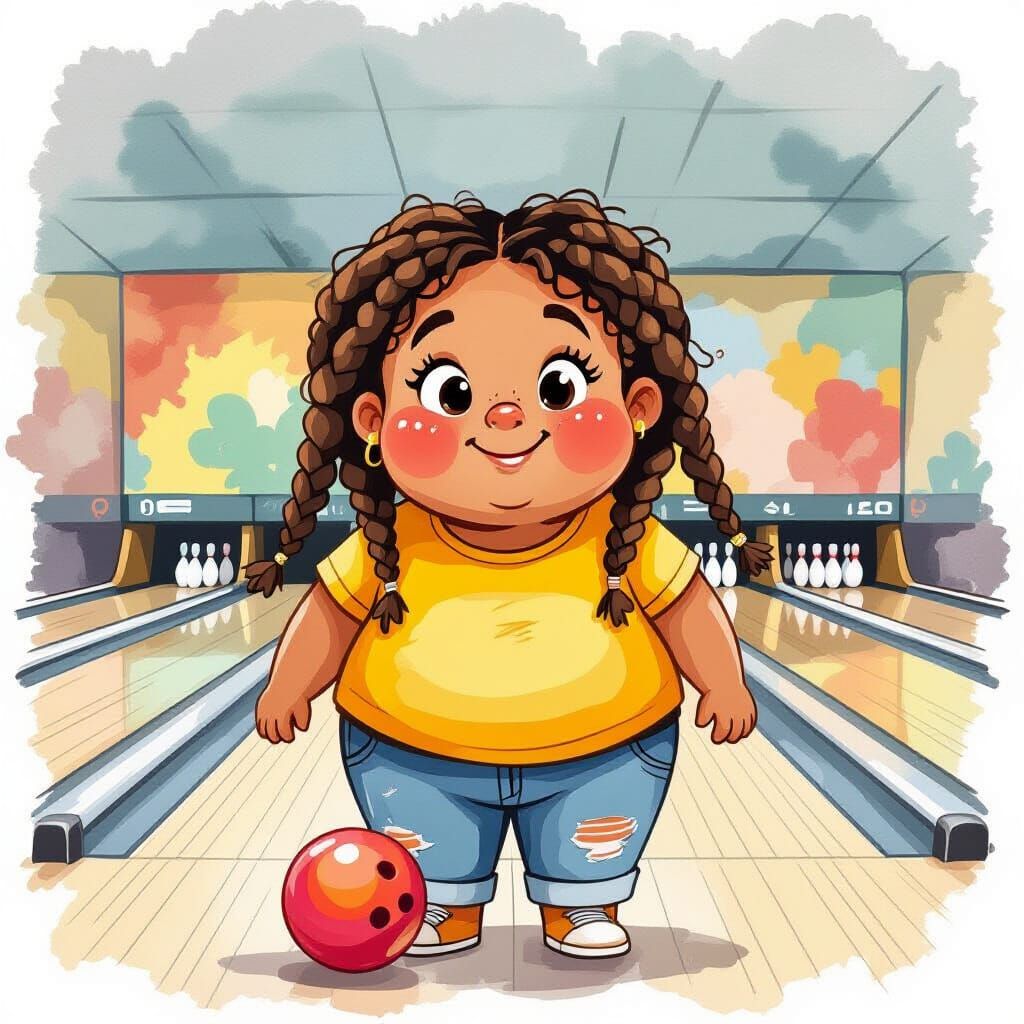 African American Girl Bowling, Expressive Watercolor Illustr...