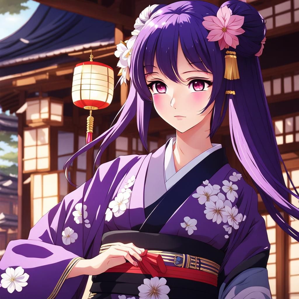 Beautiful asian girl, long purple hair, big cute eyes, kimono, full body image, whole girl image, dance, Anime Key Visua...