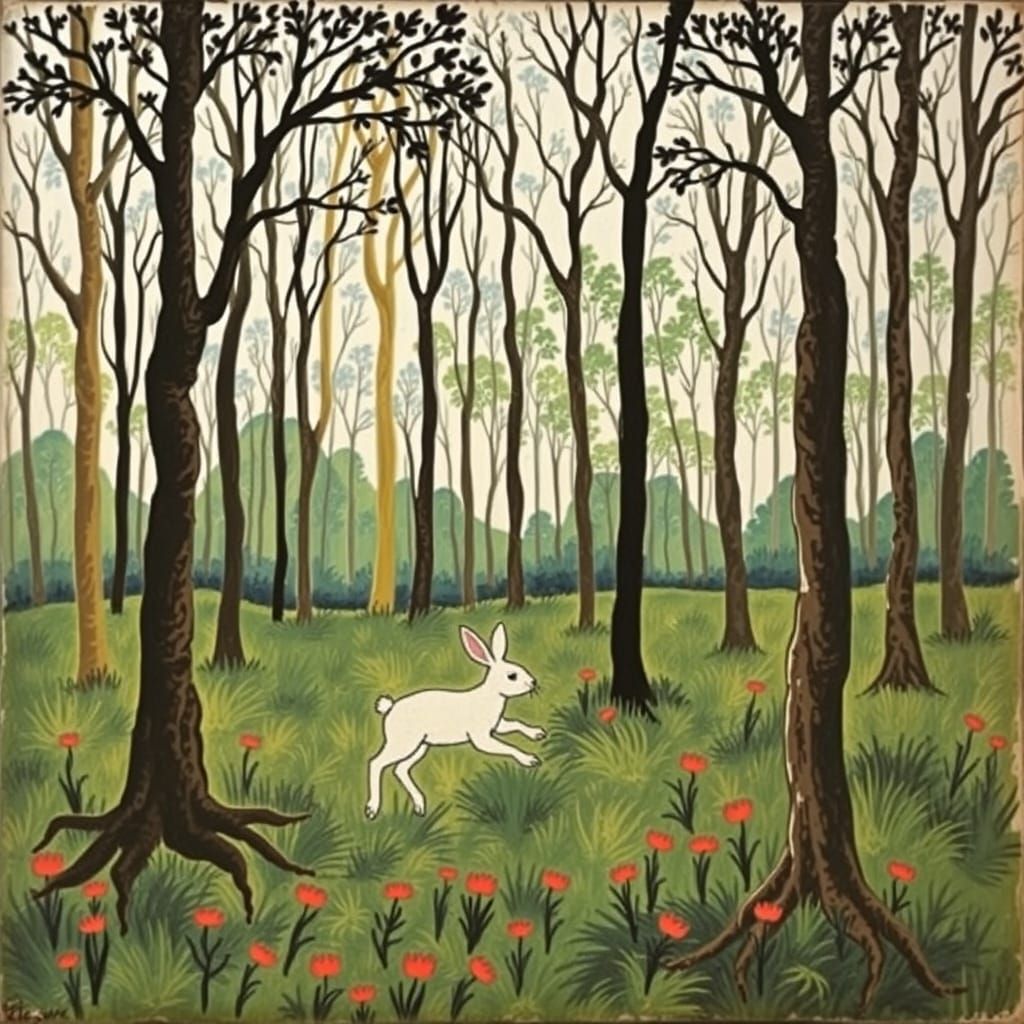 Boys Fleeing Fate in a Dense Forest, Pursued by a Rabbit