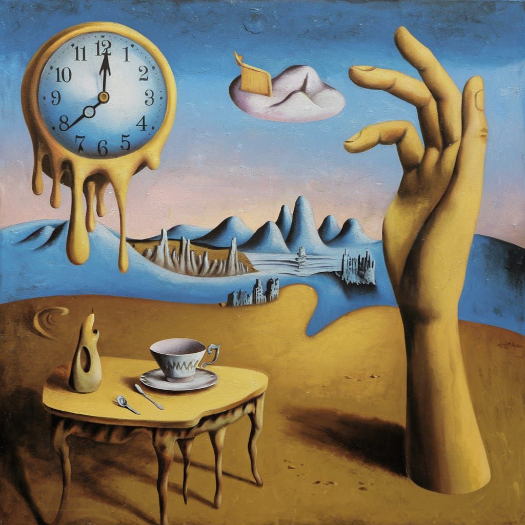 Surrealist Dreamscape with Melting Clock and Cityscape