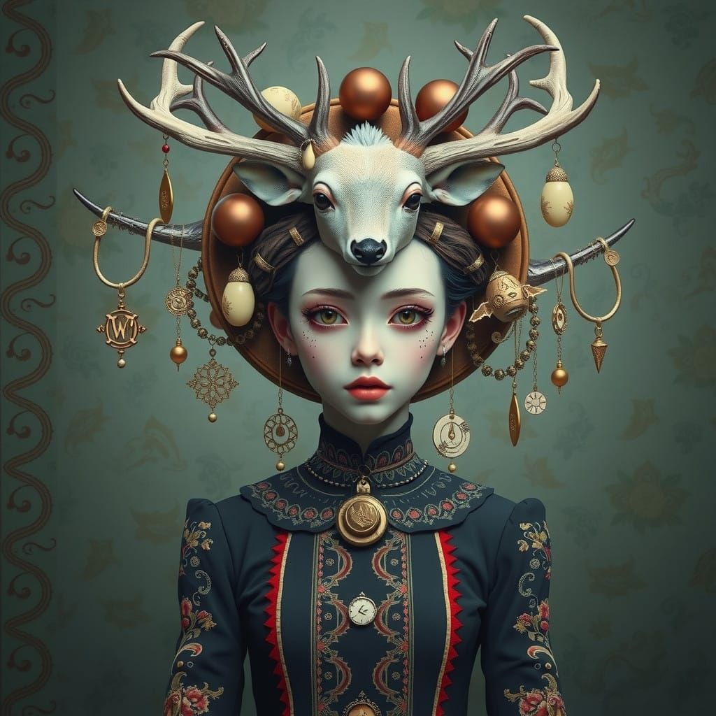 Young Girl Adorns Herself with a Deer Headpiece in Whimsical...