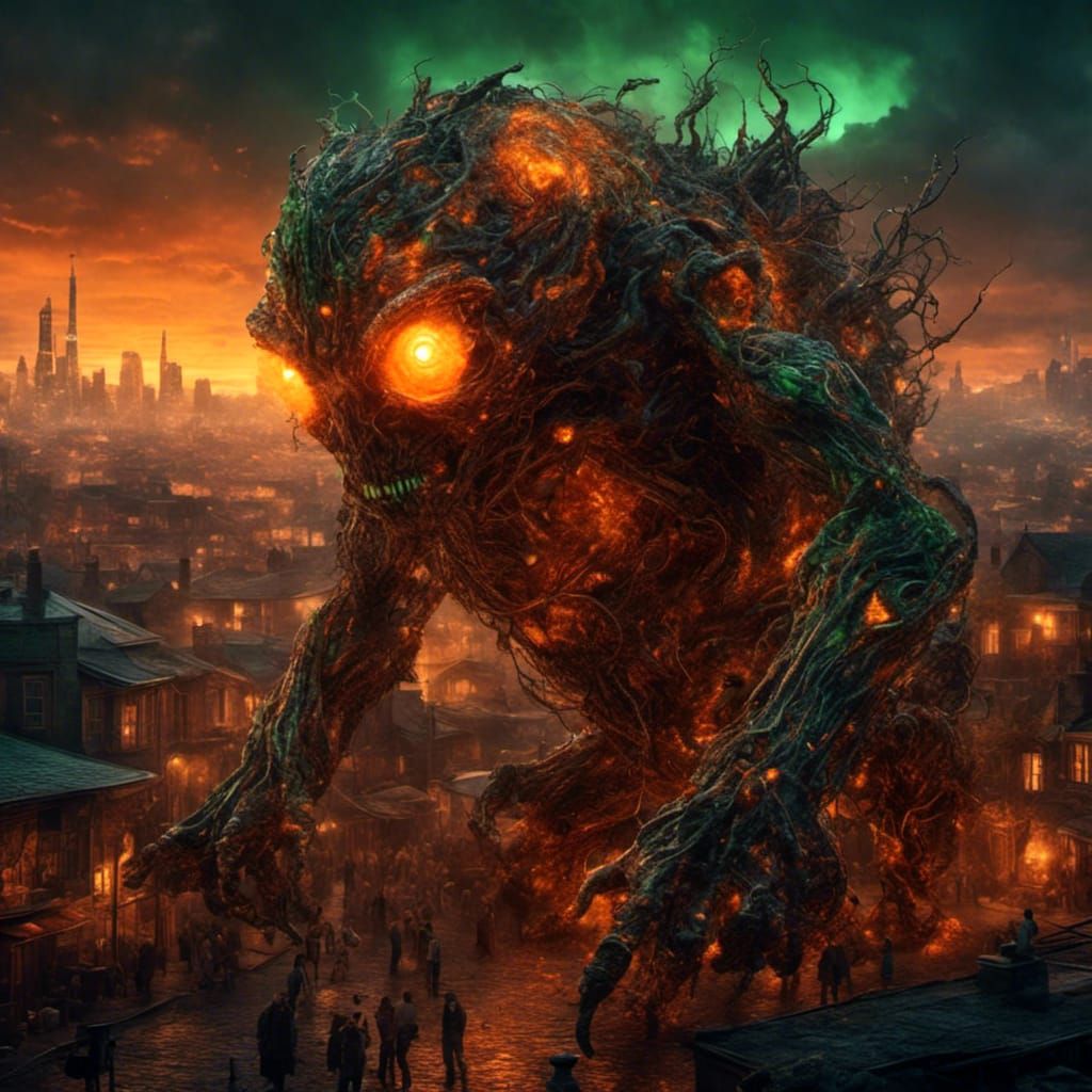 Cyberpunk Demon Golem Emerges from Smoldering Ruins