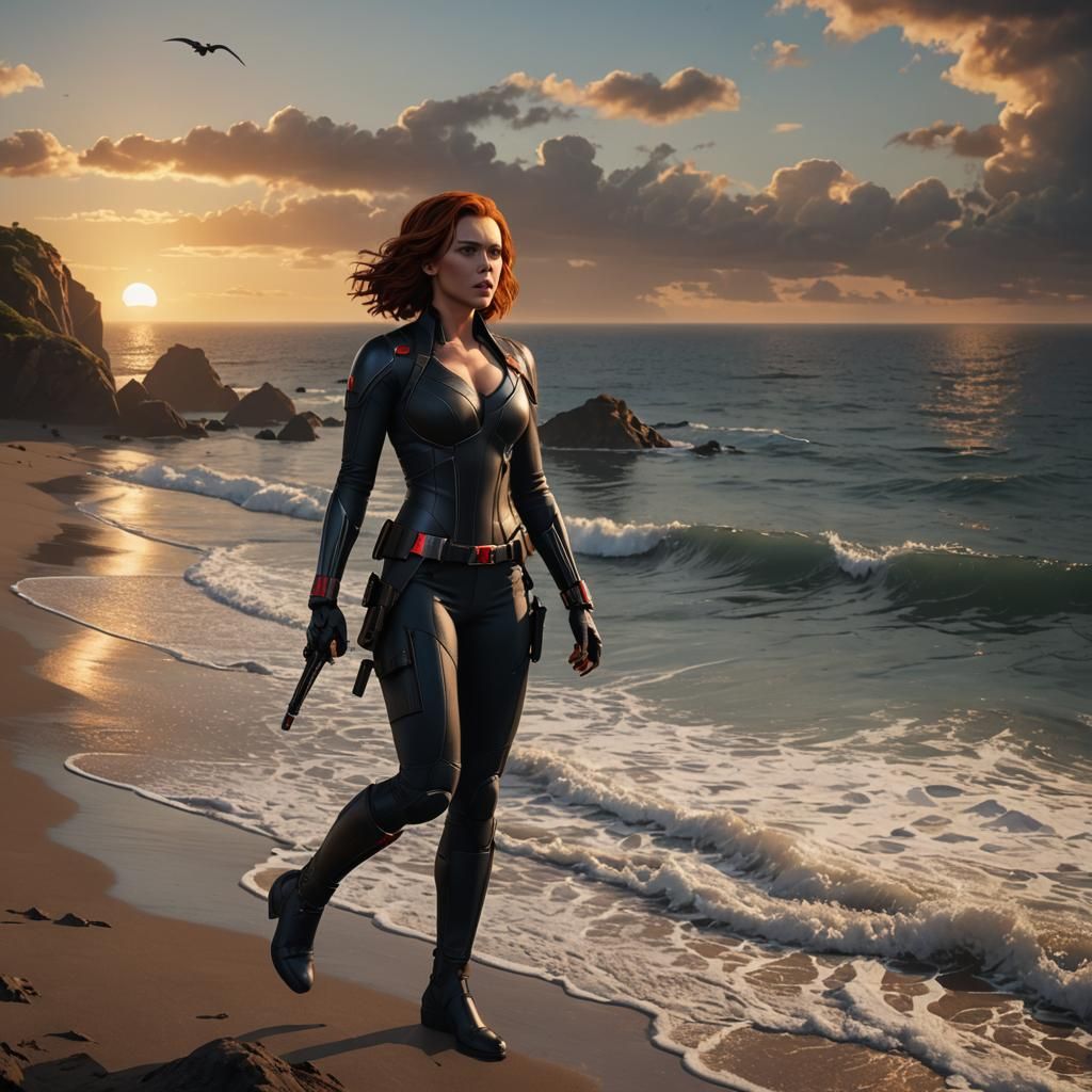 Natasha Romanoff in a Bikini, Set Against a Vibrant Sunset o...