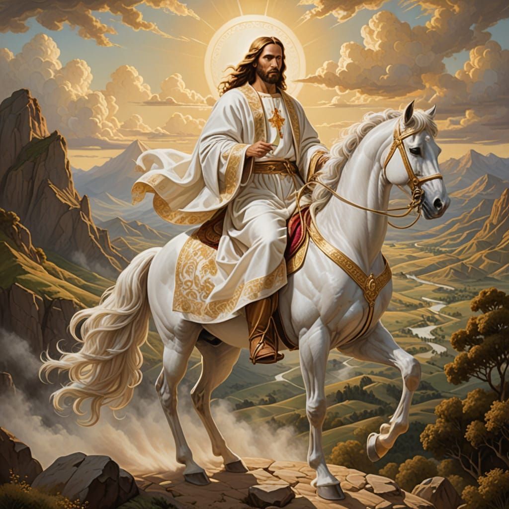 Jesus Returns on a Majestic White Horse in Classical Realism...