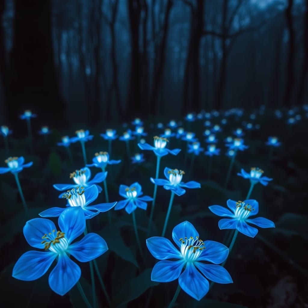Glowing blue flowers in a dark forest