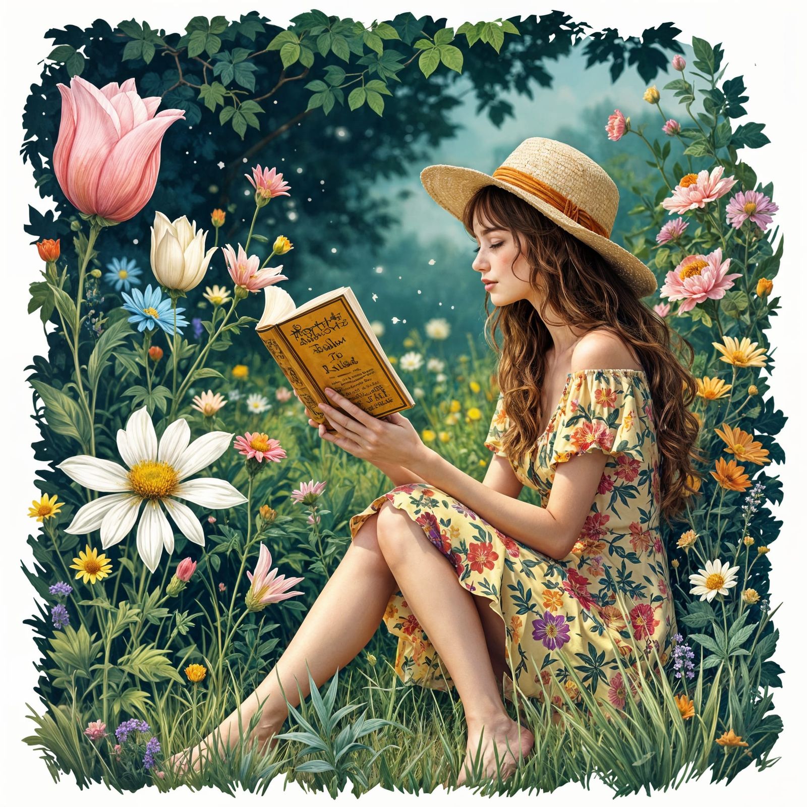 A Freckled Woman Reads in a Lush Floral Garden