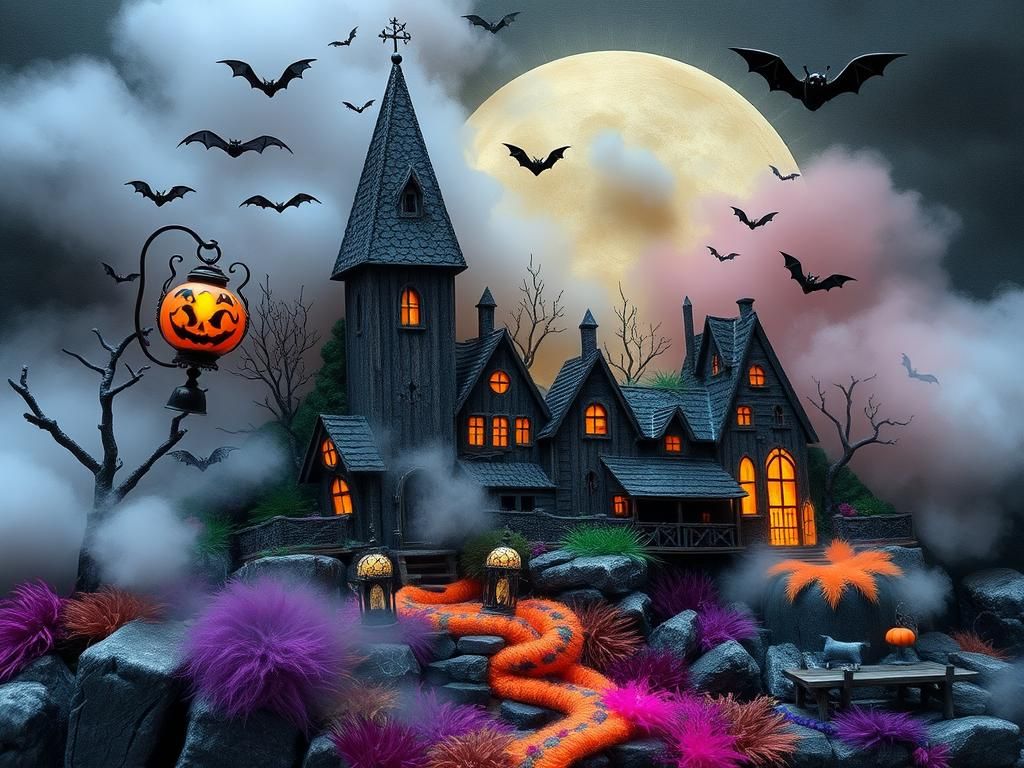 Haunted Coastal Village in Vibrant Rainbow Colors
