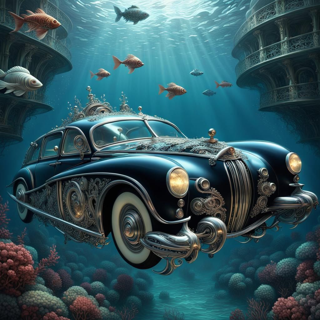 In the depths of the ocean, a magnificent gothic  classic car