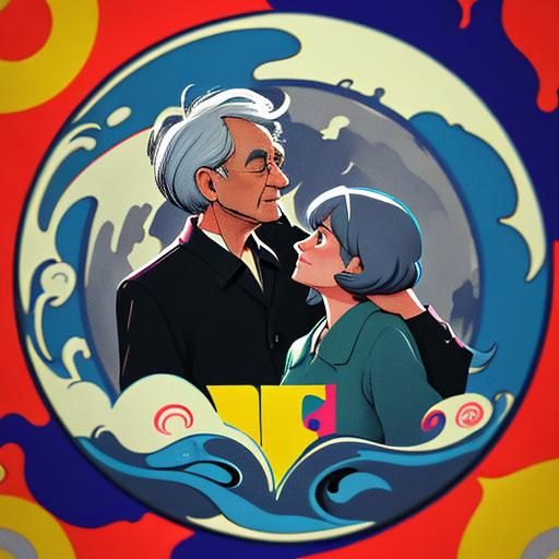 Vintage Couple Contemplates Nostalgic Landscape with Playful...