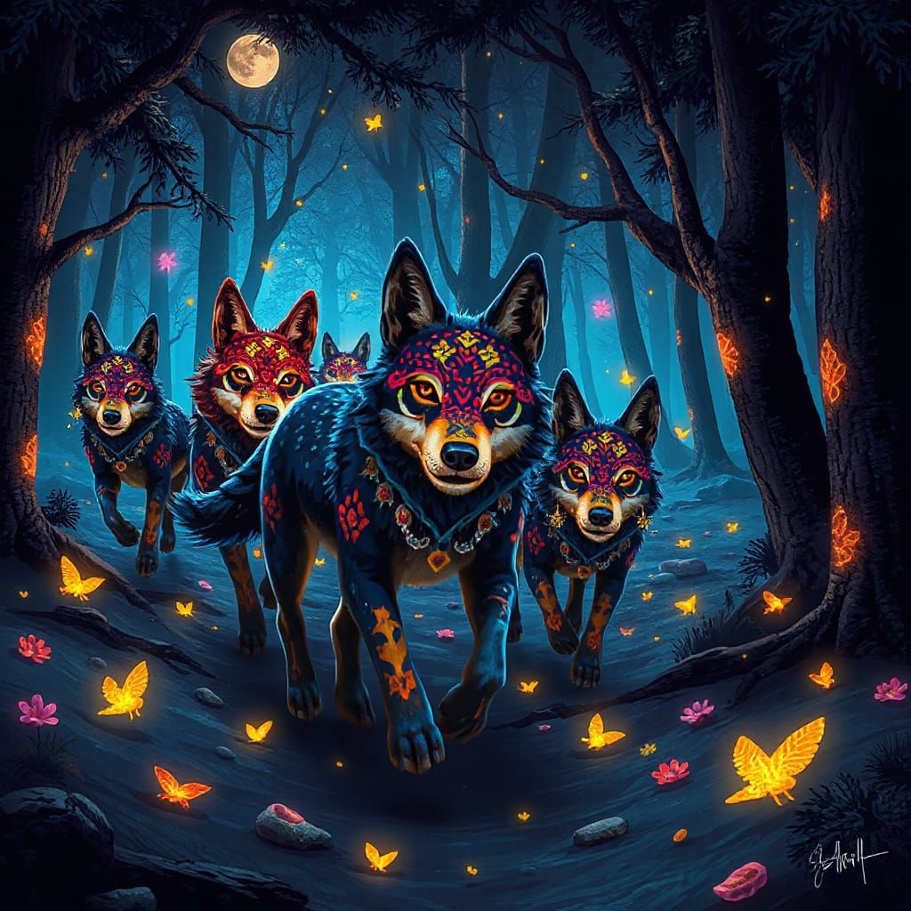 Glowing Alebrijes Wolves in Mystical Forest