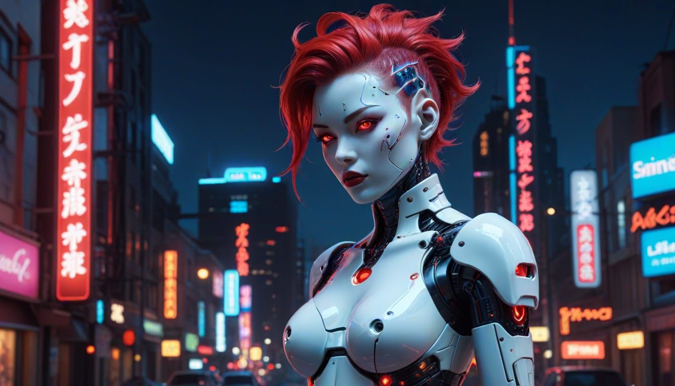 Japanese Gynoid Cyborg in Pinup Pose with Cyberpunk Cityscap...