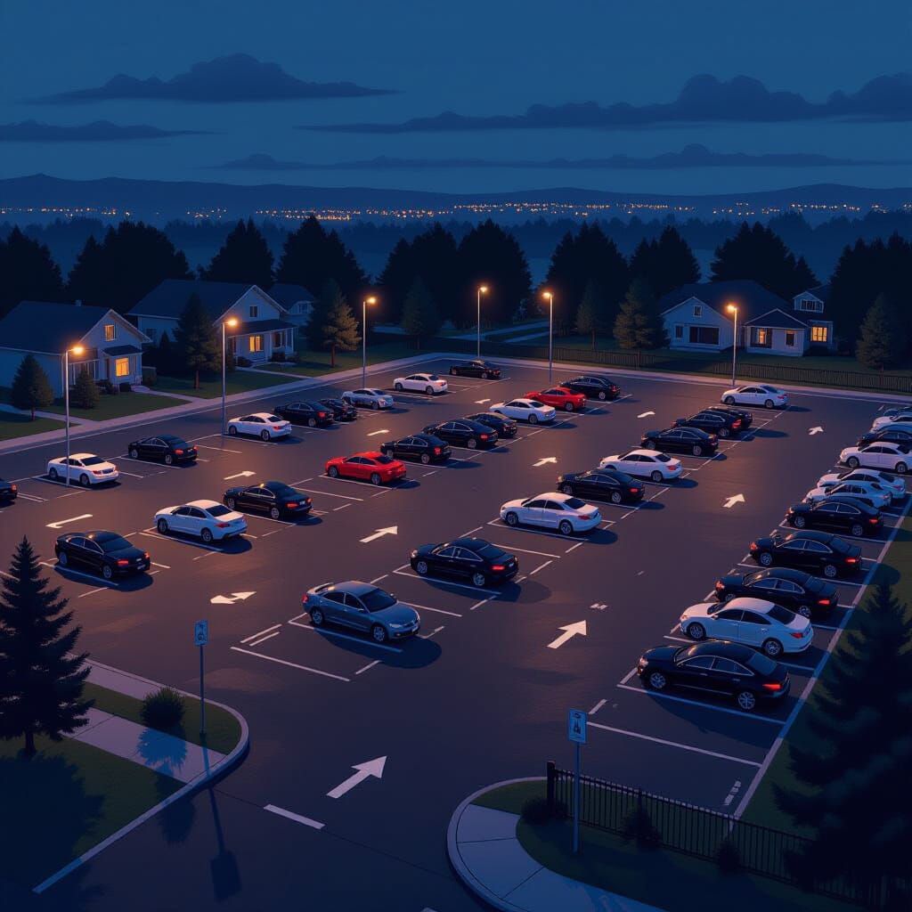 Photorealistic Suburban Parking Lot at Night