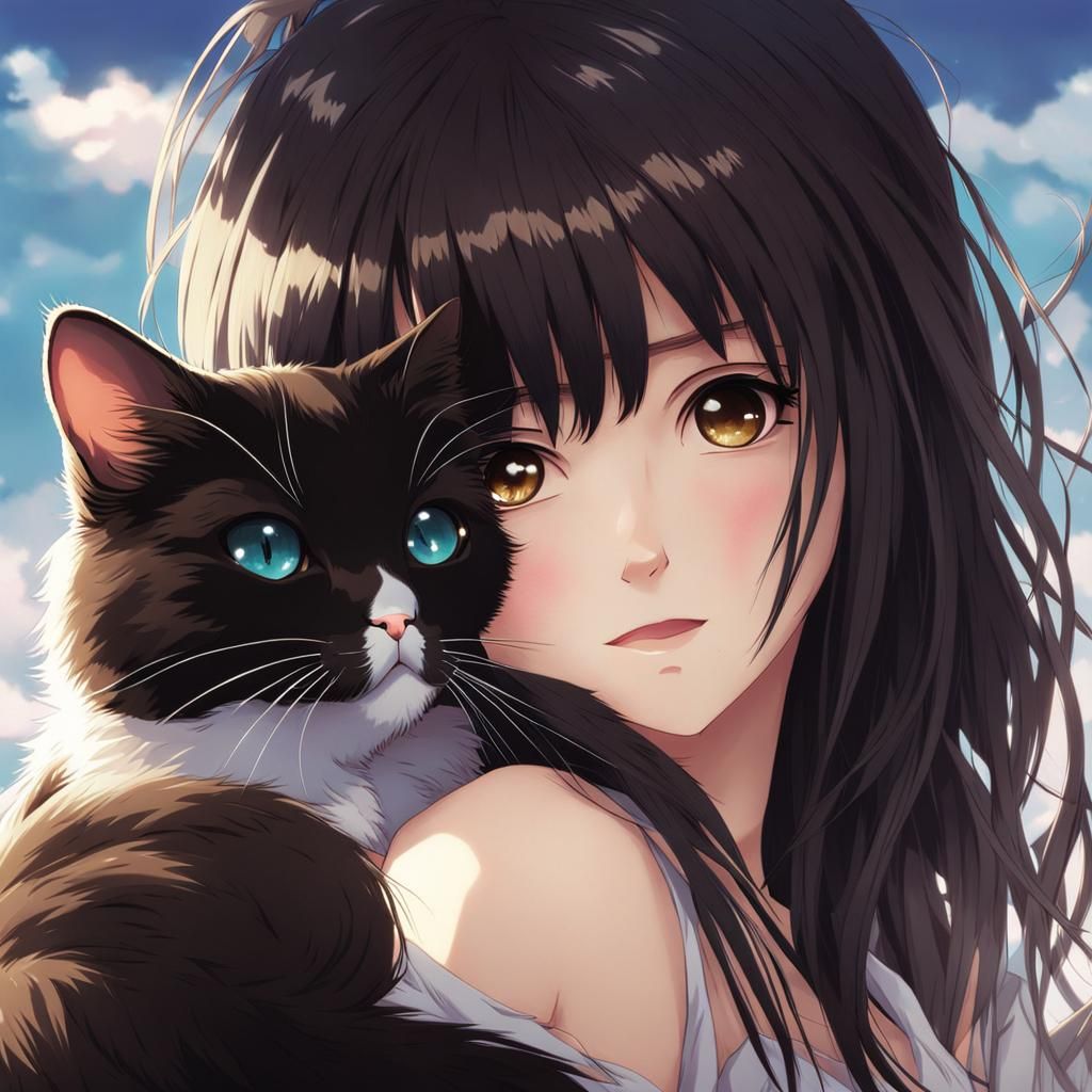 Japanese Anime Girl with Bangs and Her Adorable Ragdoll Cat