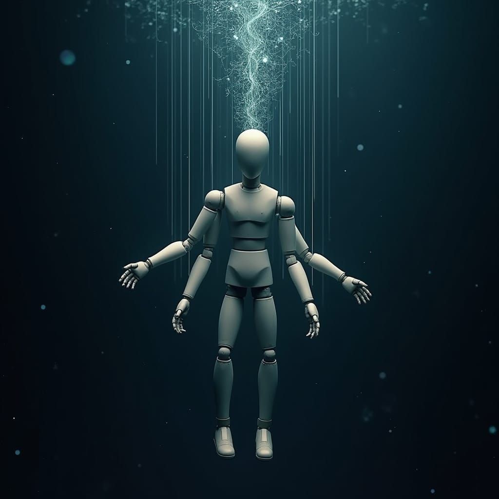 Surreal Digital Puppet Manipulated by Glowing Algorithmic St...