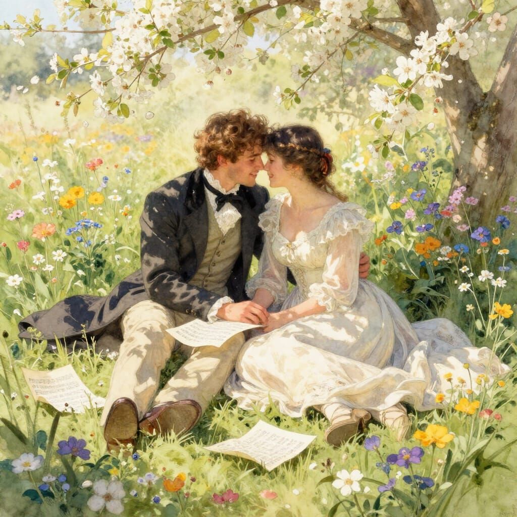 Victorian Lovers in Sunlit Wildflower Field