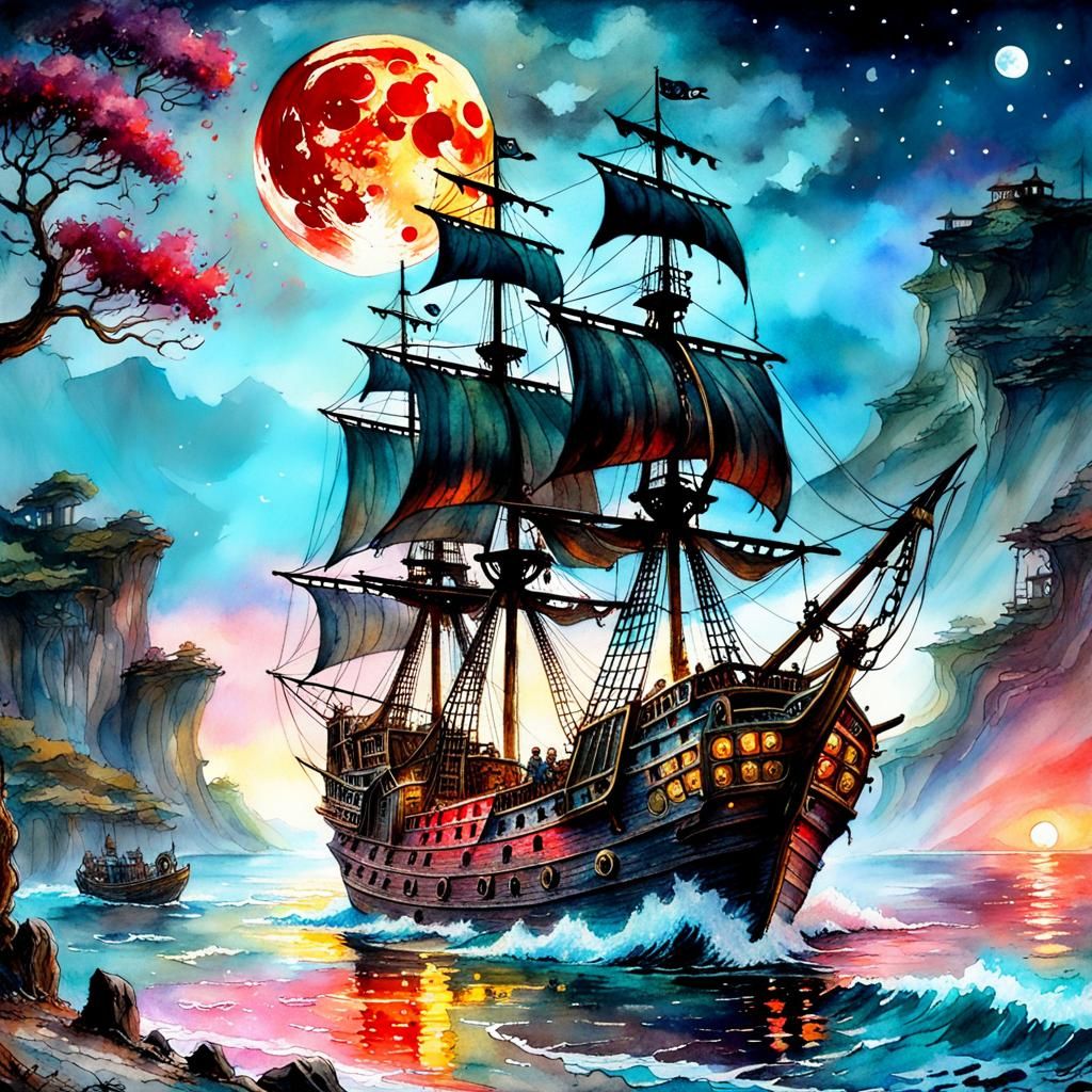 Pirate Ship Under Bloodmoon Watercolour
