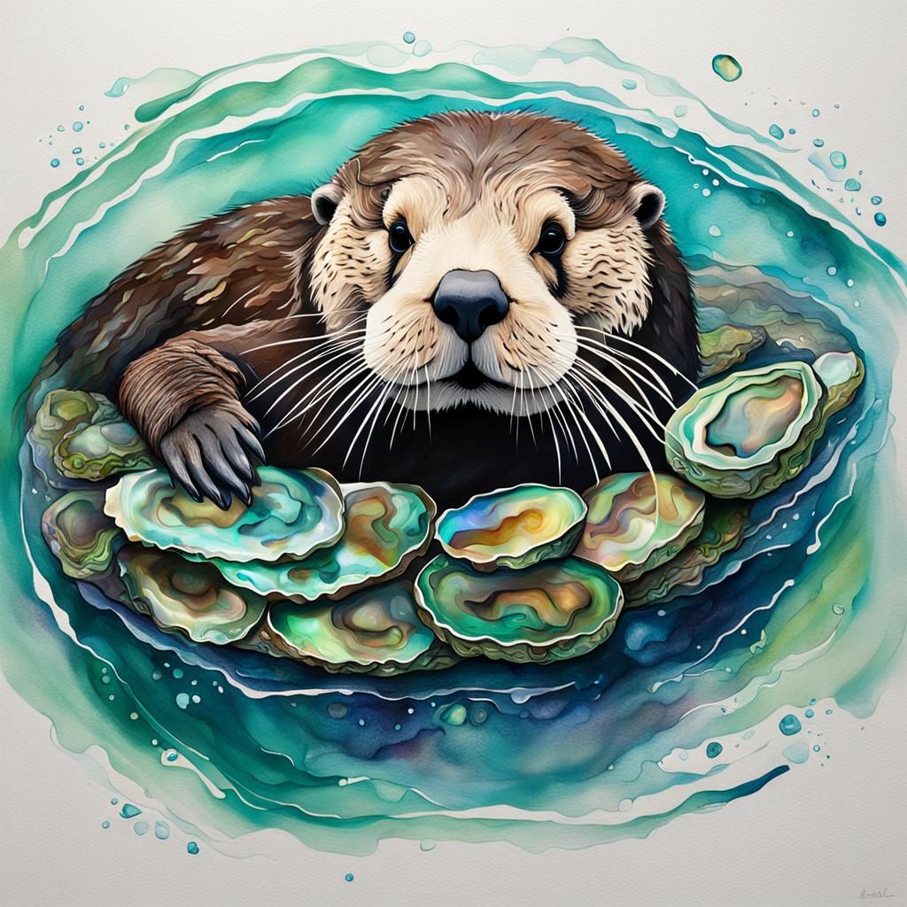 Sea Otter Conquers Abalone in Serene Ocean Scene, Mixed Medi...