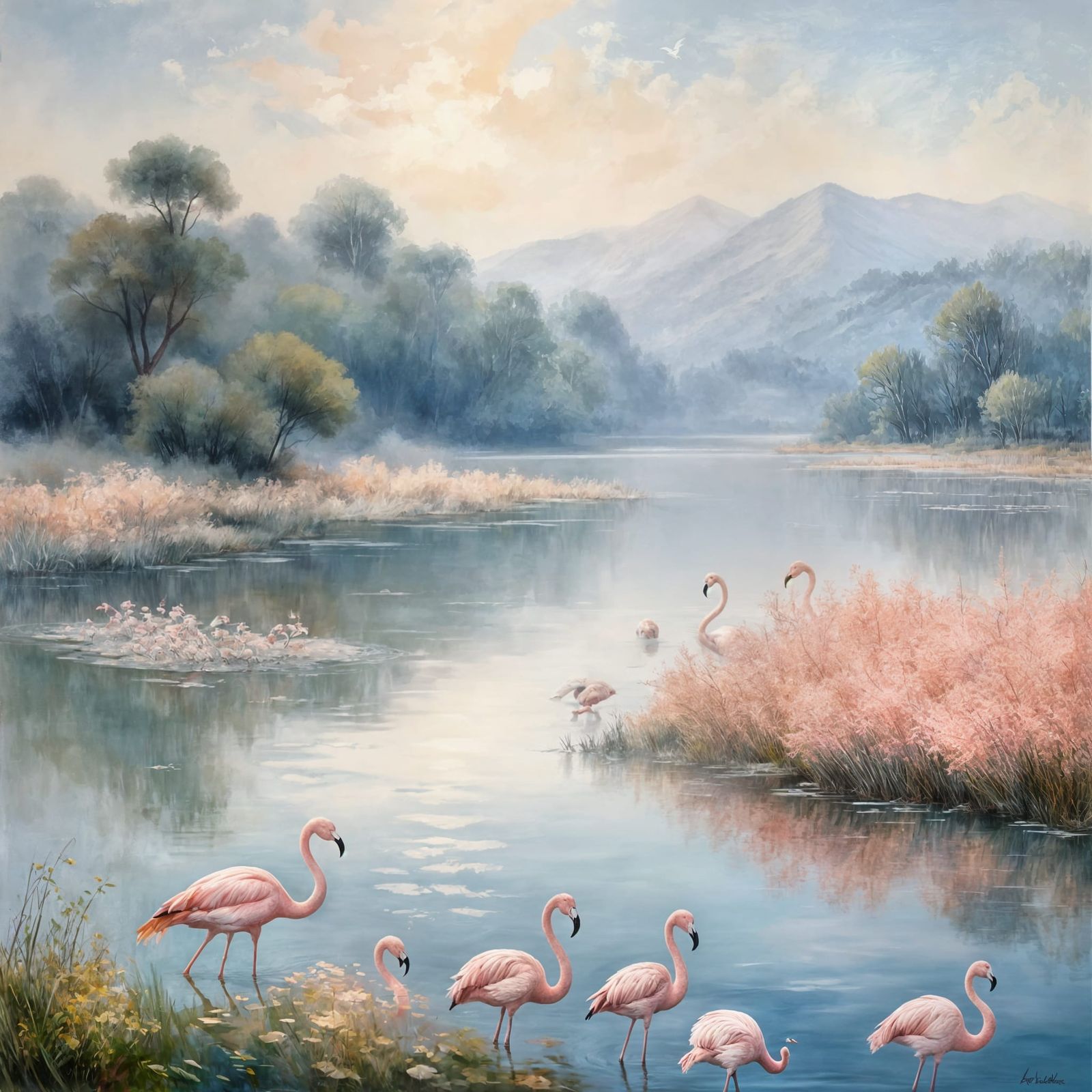 Dreamy Flamingos by a Serene Lake in Soft Blues