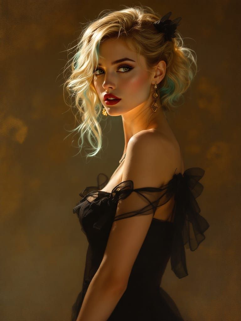 Pin-Up Woman in Golden Hour Glow, Black Dress