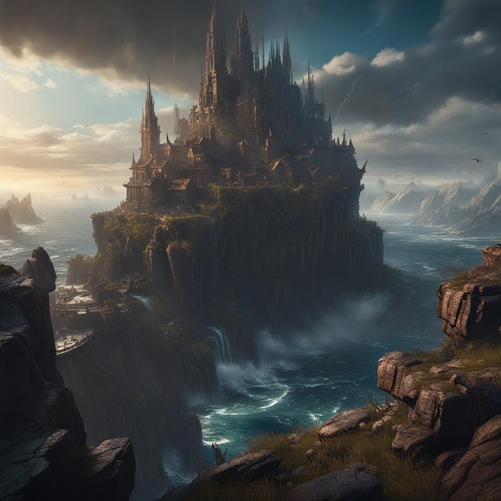 Epic Dark Fantasy Landscape at Sunset