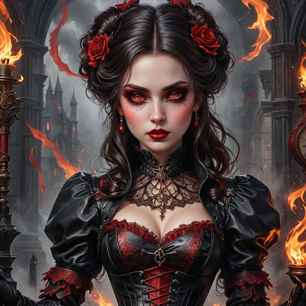 Elegant Vampire Woman Wields Blazing Flamberge in Victorian....