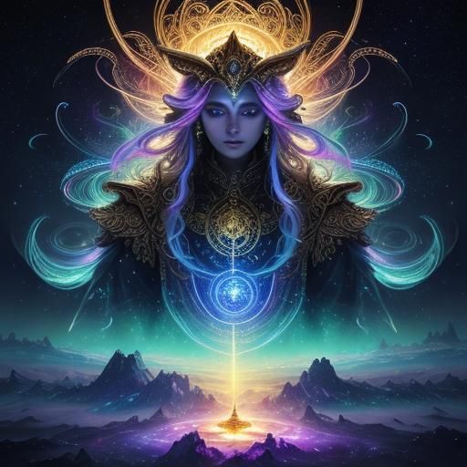 Surreal Shaman in Cosmic Night Sky, Vibrant Oil Painting wit...