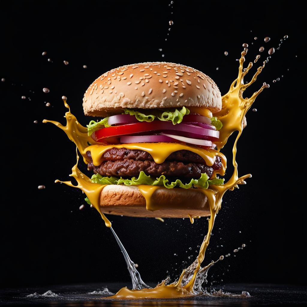 Sizzling Burger in Mid-Air