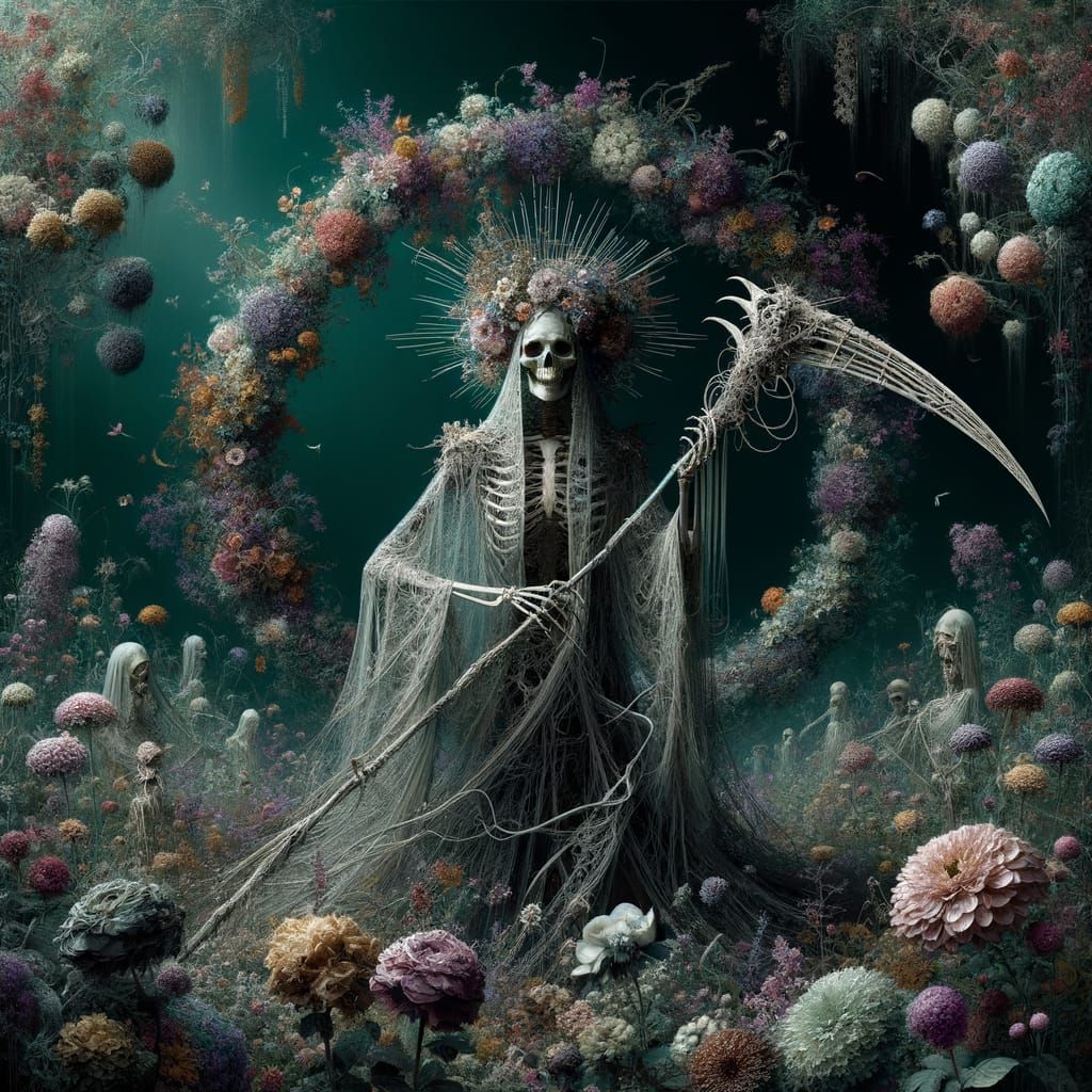 Elegant Skeletal Queen in Blooming Garden