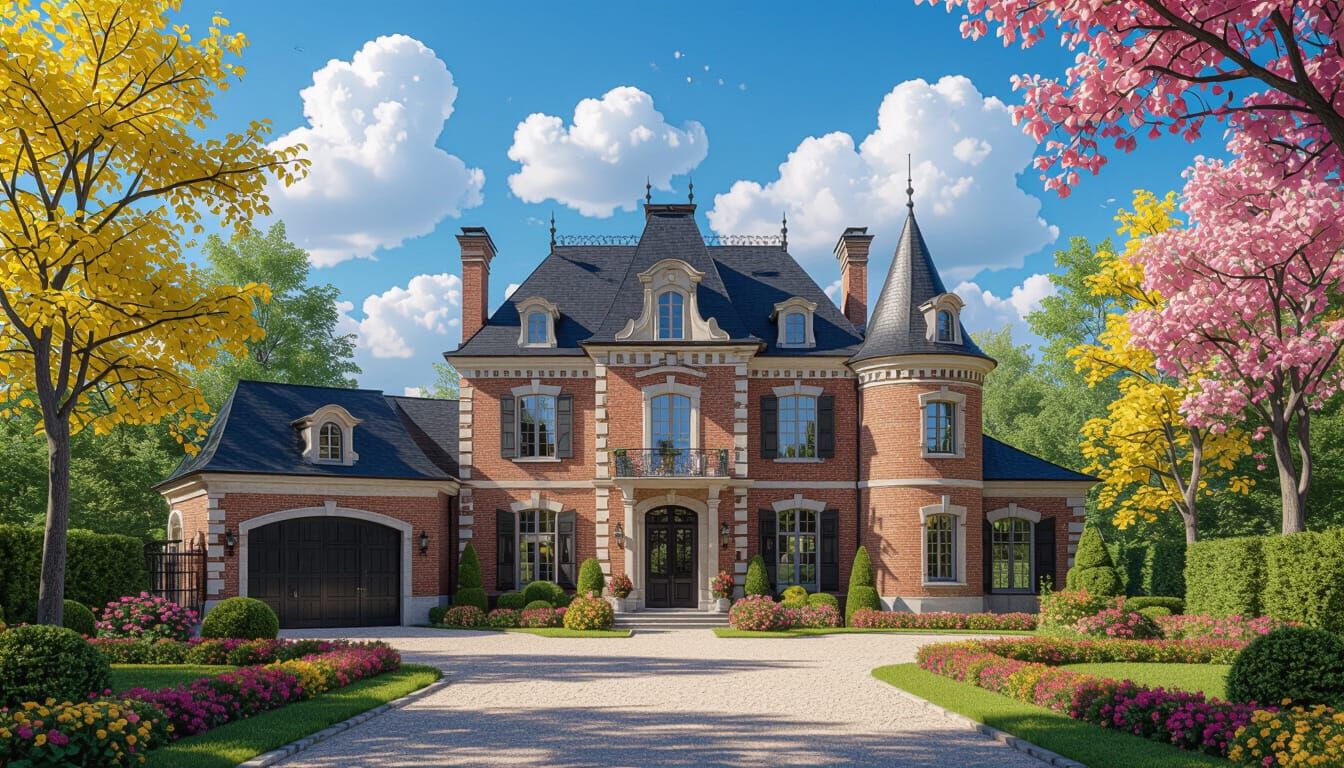 Grand Brick Chateau Surrounded by Vibrant Trees and Flowers