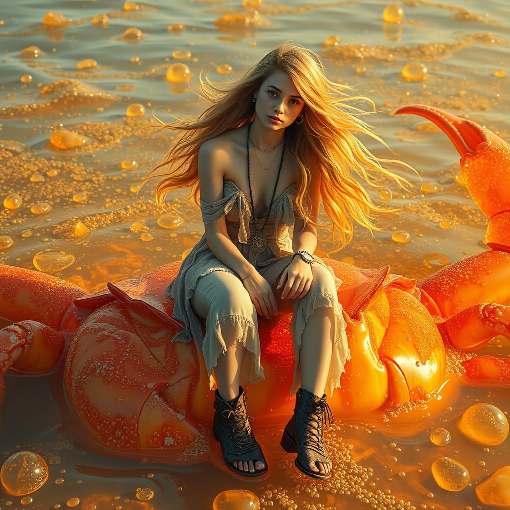 Woman on Gummy Crab in Effervescent Soda Sea
