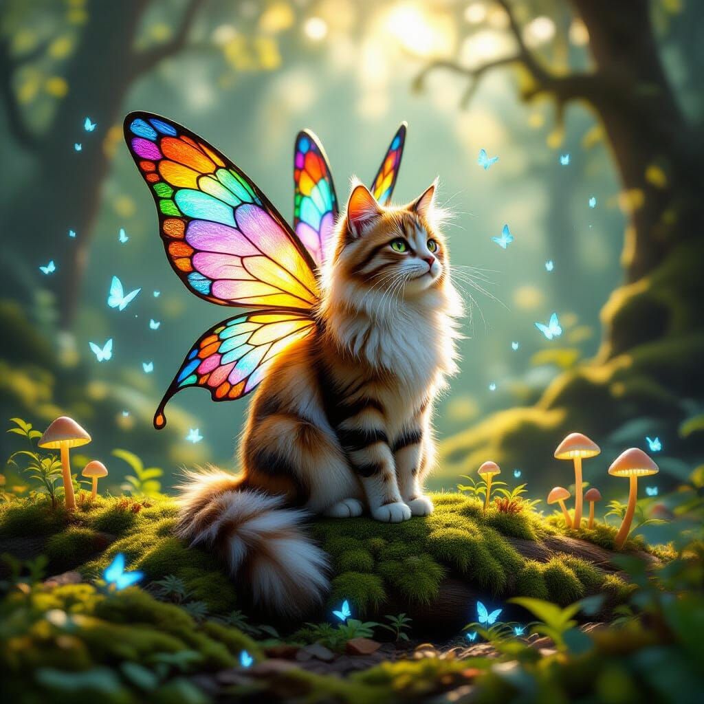 Cat Fairy with Stained Glass Wings in Bioluminescent Forest