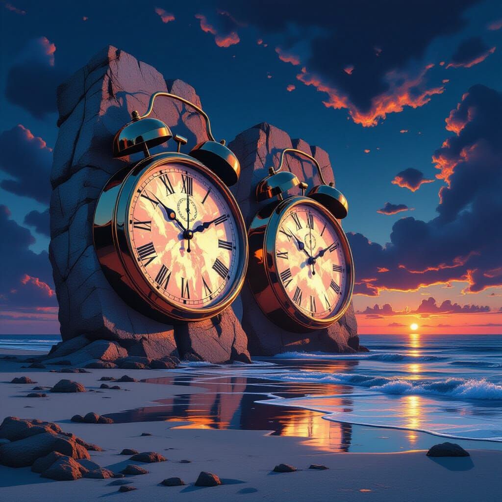 Surreal Melting Clocks Embrace on Alien Beach