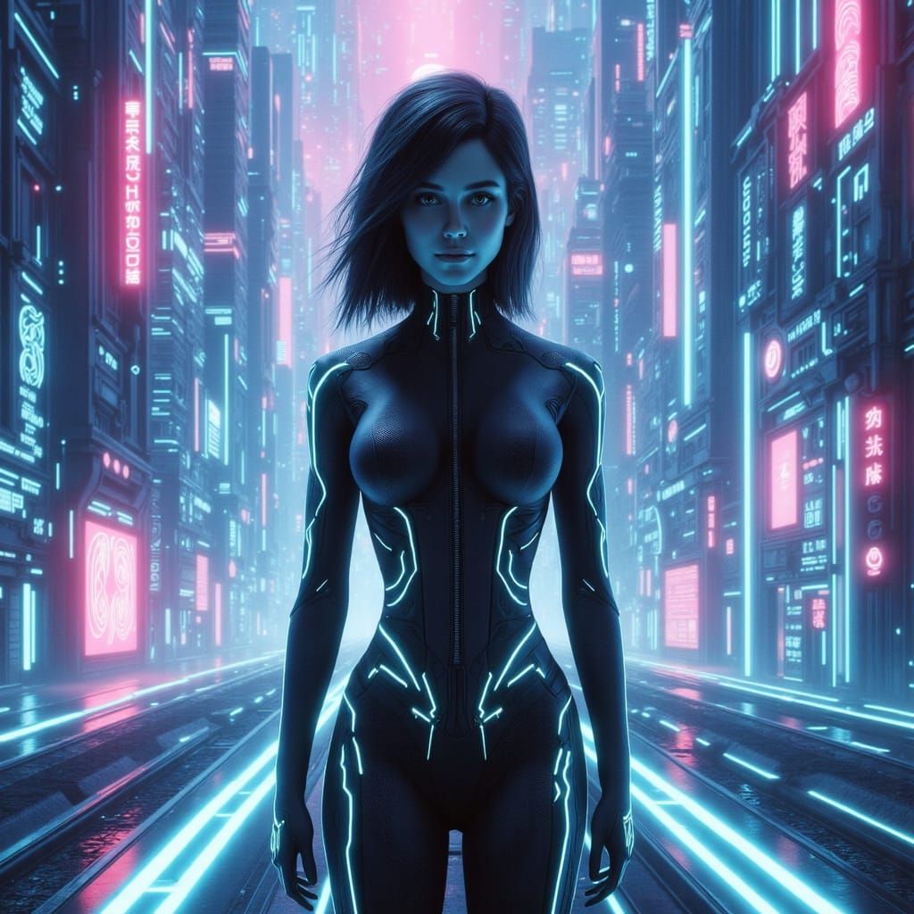 Futuristic Alice in Neon-Lit Wonderland