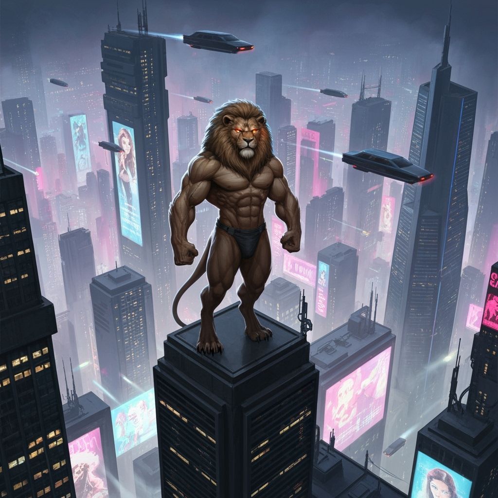 Cyberpunk Lion on Skyscraper in Digital Painting Style