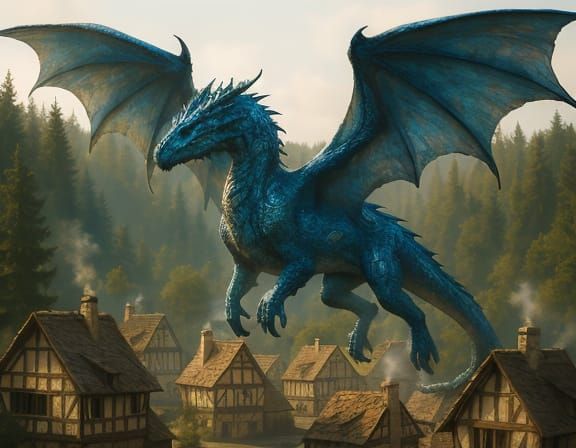 Blue Dragon Over Medieval Village