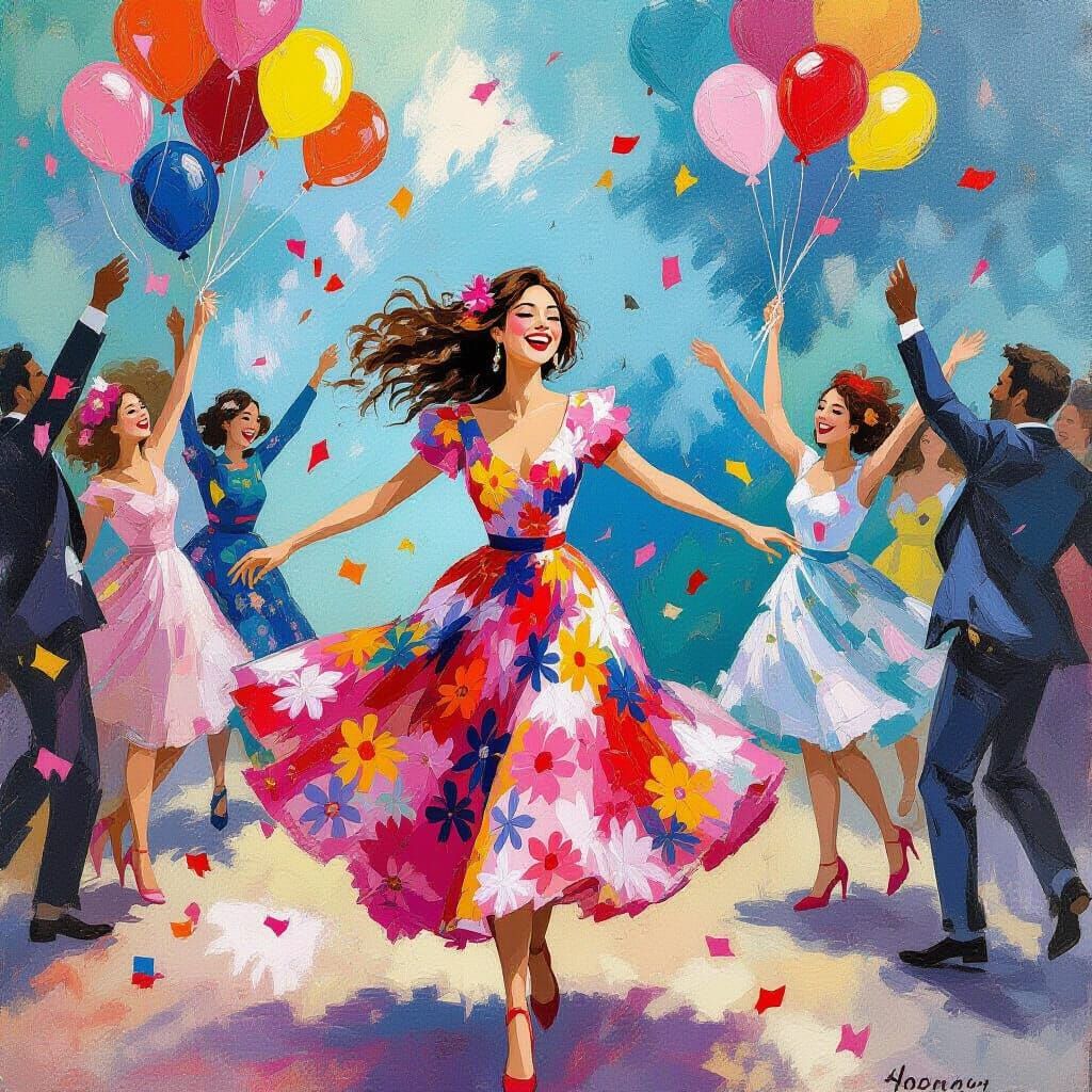 Joyful Gathering in Vibrant Floral Dress, Gouache Style
