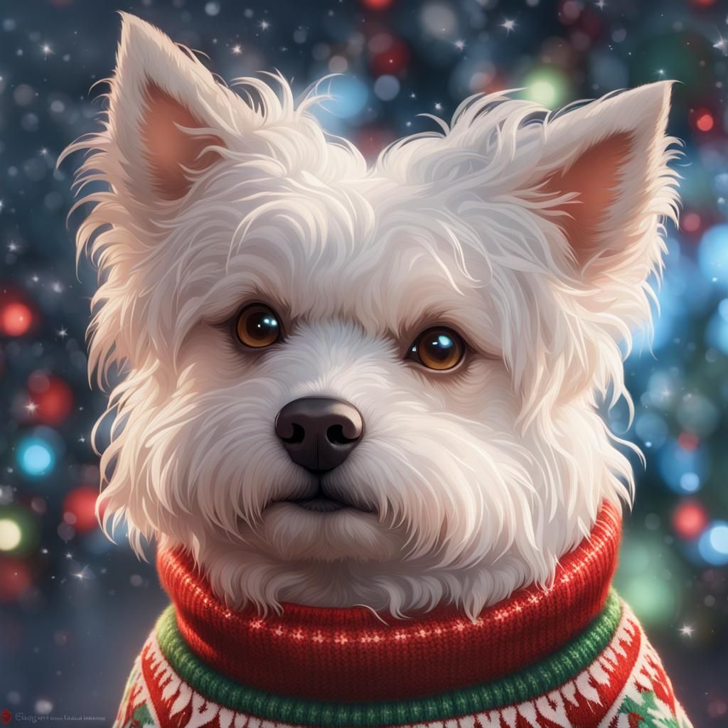 Fluffy White Dog in Festive Sweater