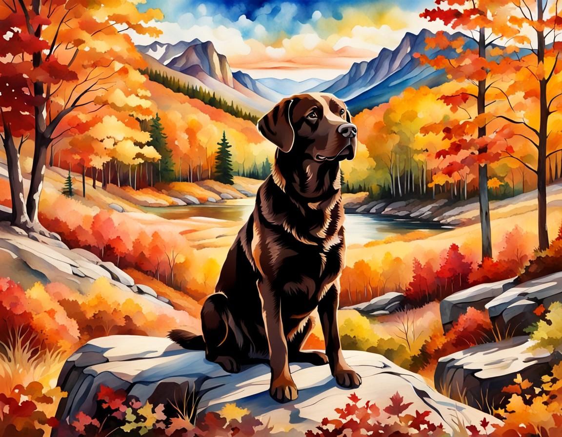 Vibrant Fall Landscape with a Brown Labrador Retriever