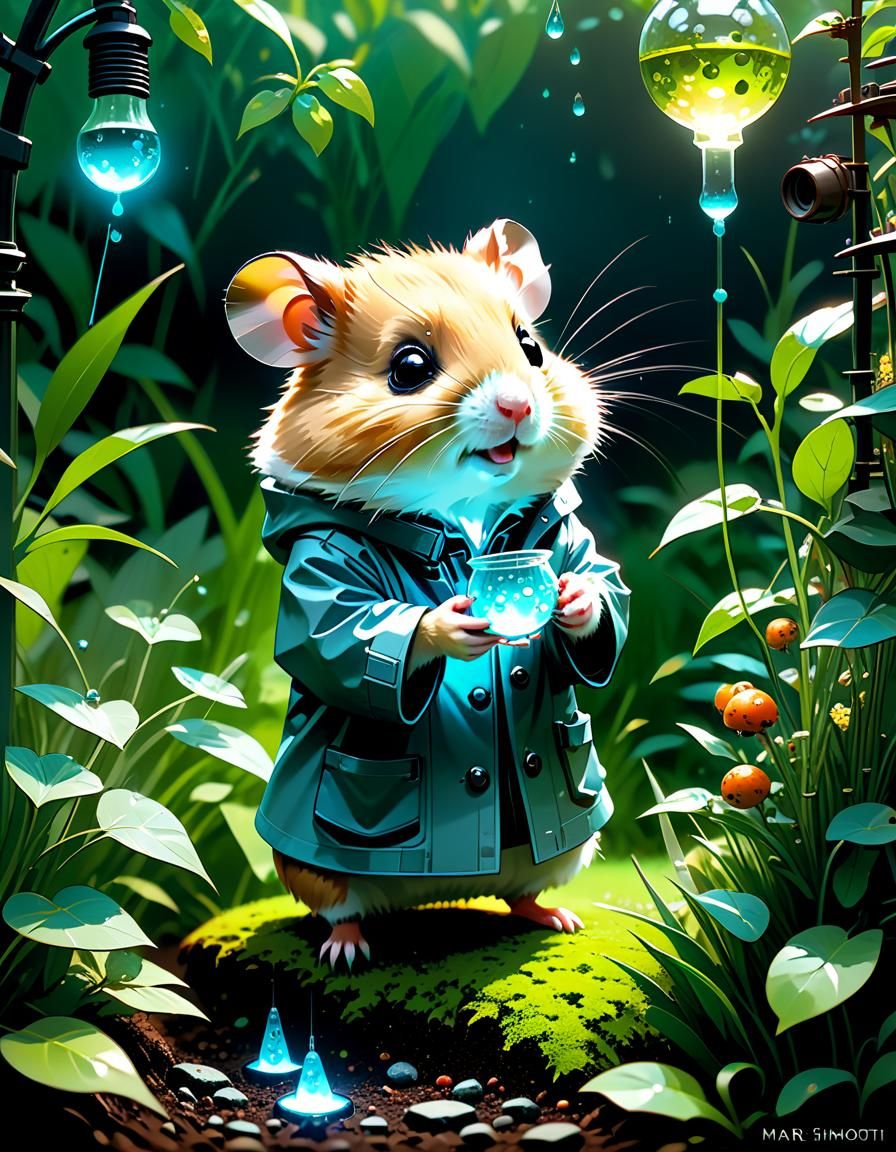 Intricate Hamster Scientist in a Garden, Digital Painting