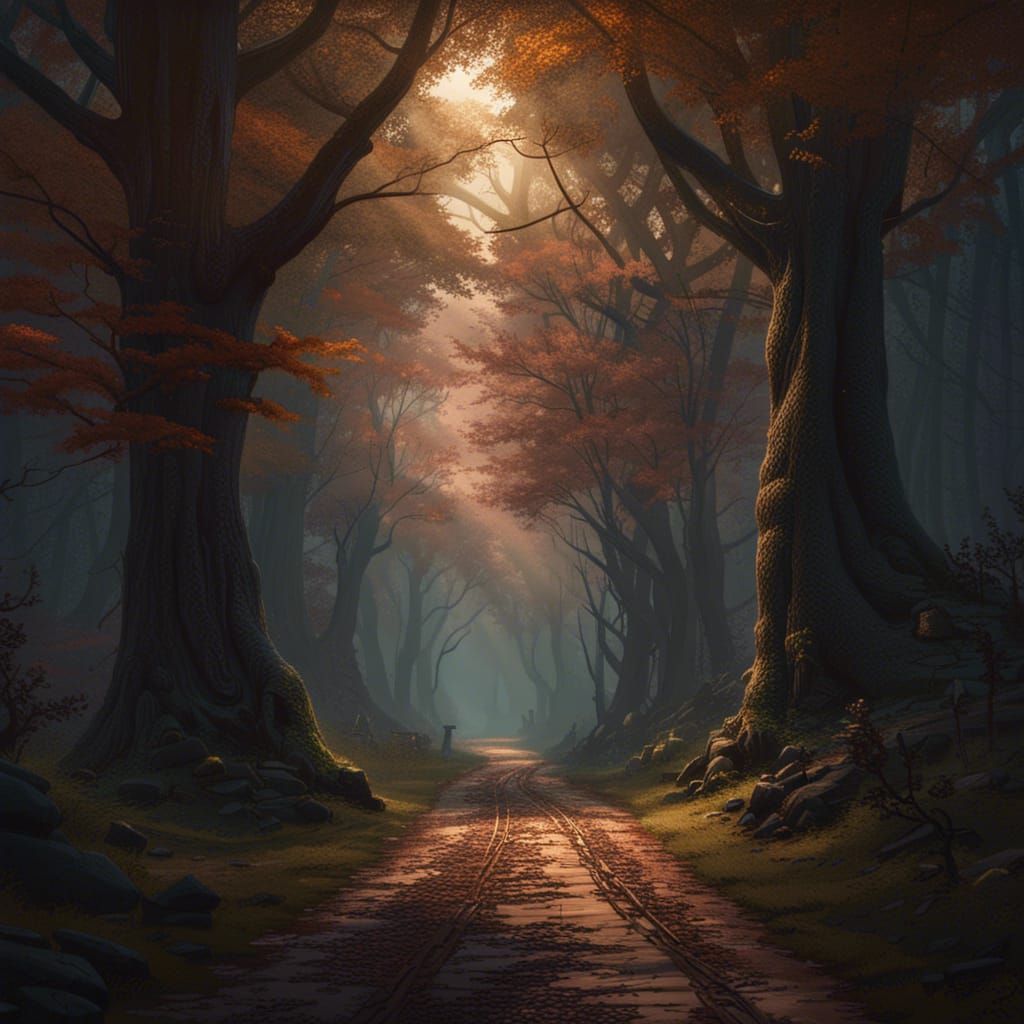 Ethereal Road Through Enchanted Woods in Dark Fantasy Art