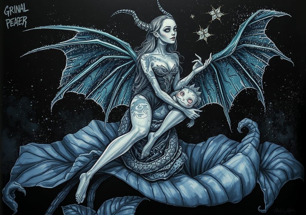 Stunning Grim Reaper in Ink Splatter Art with Baby Dragon