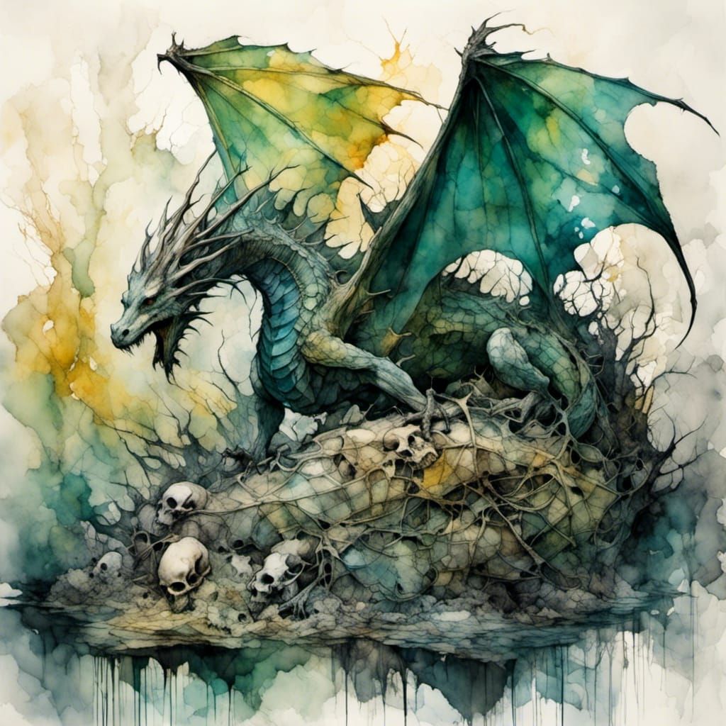 A Dark Dragon Dreams Amidst a Skeleton's Rest